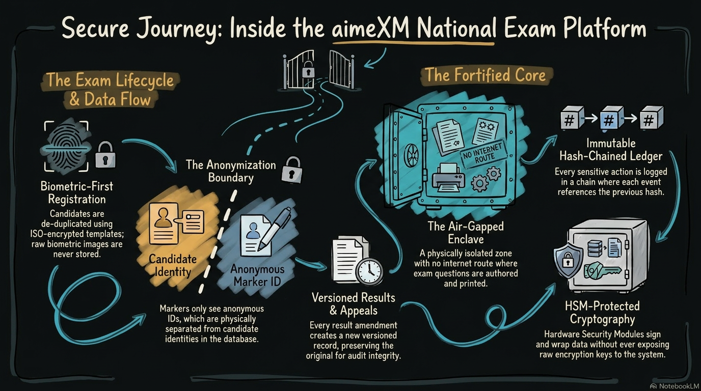 Illustrated overview of the aimeXM national exam platform — biometric-first registration, anonymisation boundary, air-gapped enclave, hash-chained ledger and HSM-protected cryptography.