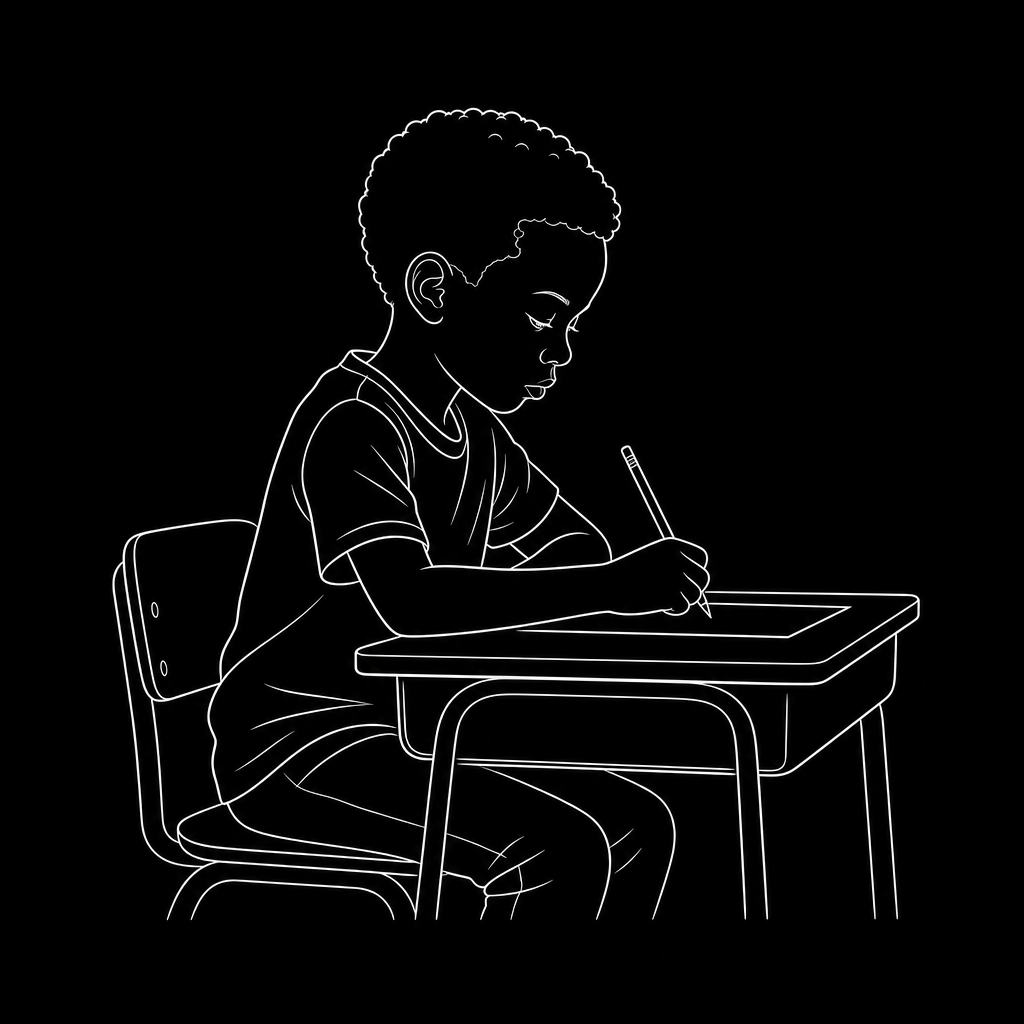Illustration of a child at a desk taking an exam — white line drawing