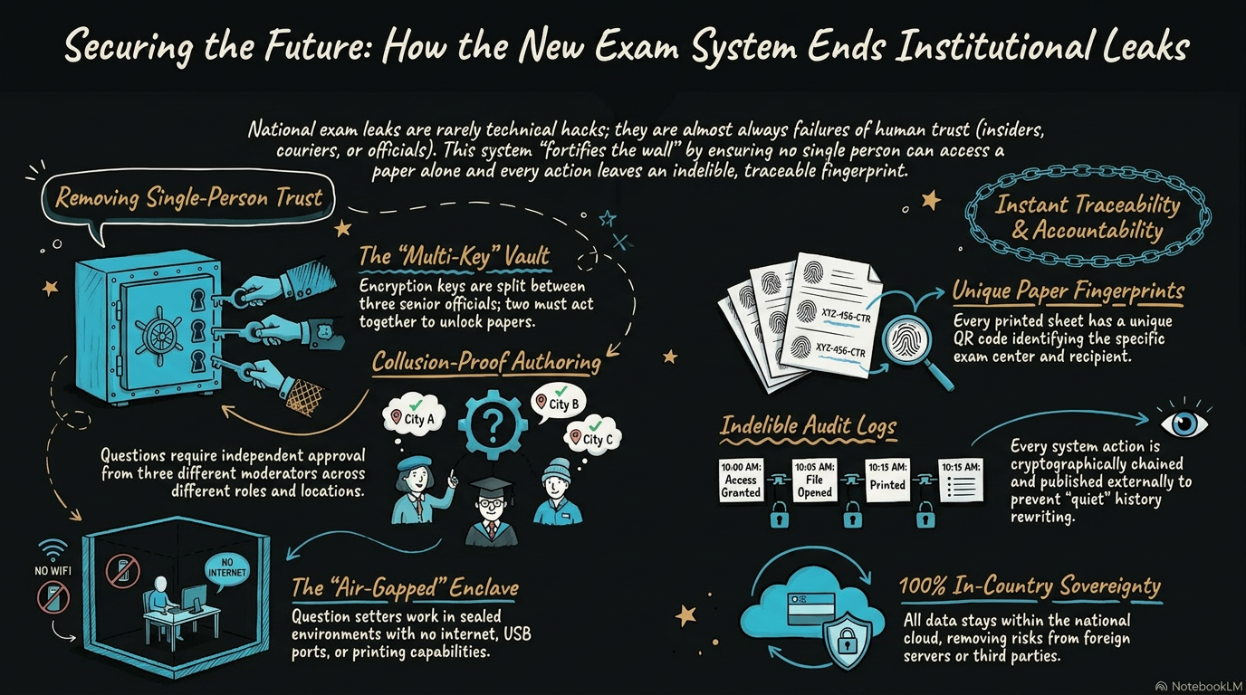 Illustrated overview: how the aimeXM exam system ends institutional leaks — multi-key vault, collusion-proof authoring, air-gapped enclave, unique paper fingerprints, indelible audit logs and in-country sovereignty.
