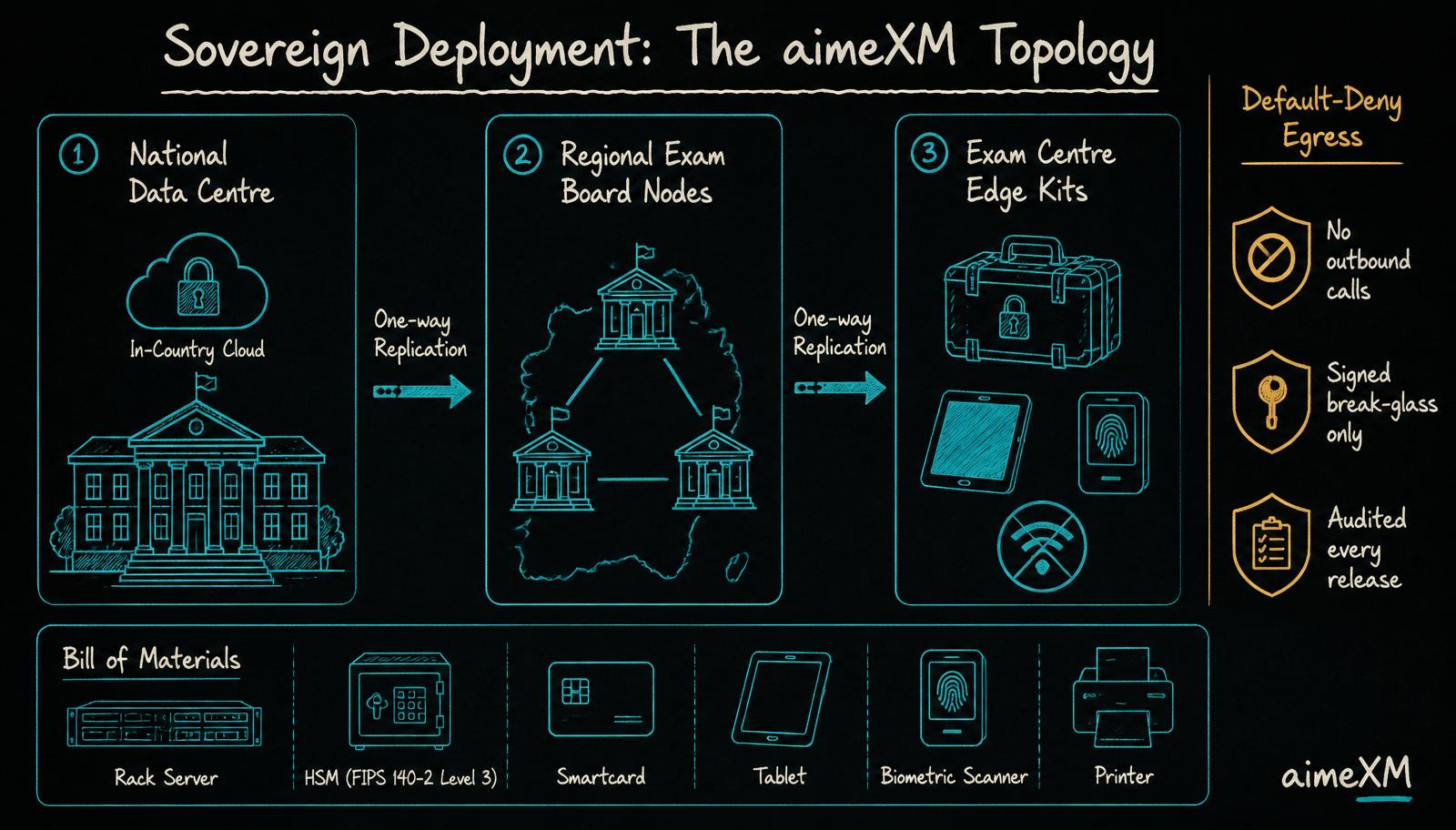 Illustrated aimeXM sovereign topology — national data centre, regional exam-board nodes and exam-centre edge kits, connected by one-way replication, with default-deny egress and a hardware bill of materials.